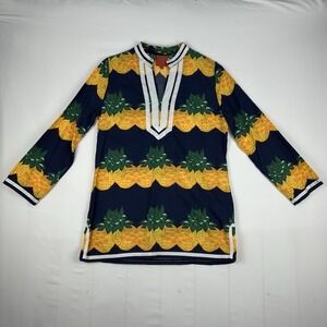 Tracy Negoshian Abby Pineapple Stripes Navy Yellow Tunic Top Size Small EUC